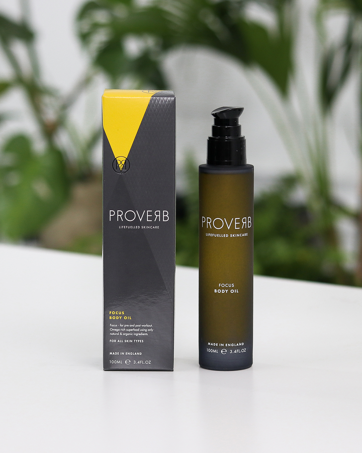 Proverb Focus Body Oil with sleek packaging, highlighting sustainable beauty and wellness