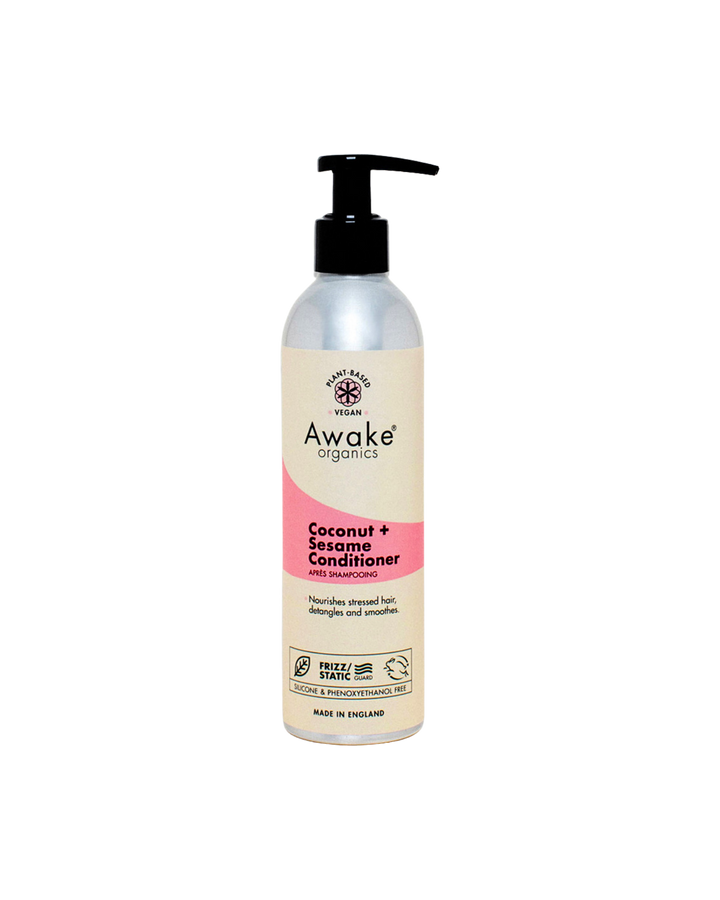 Sleek bottle of Awake Organics Coconut and Sesame Hair Conditioner against a white background