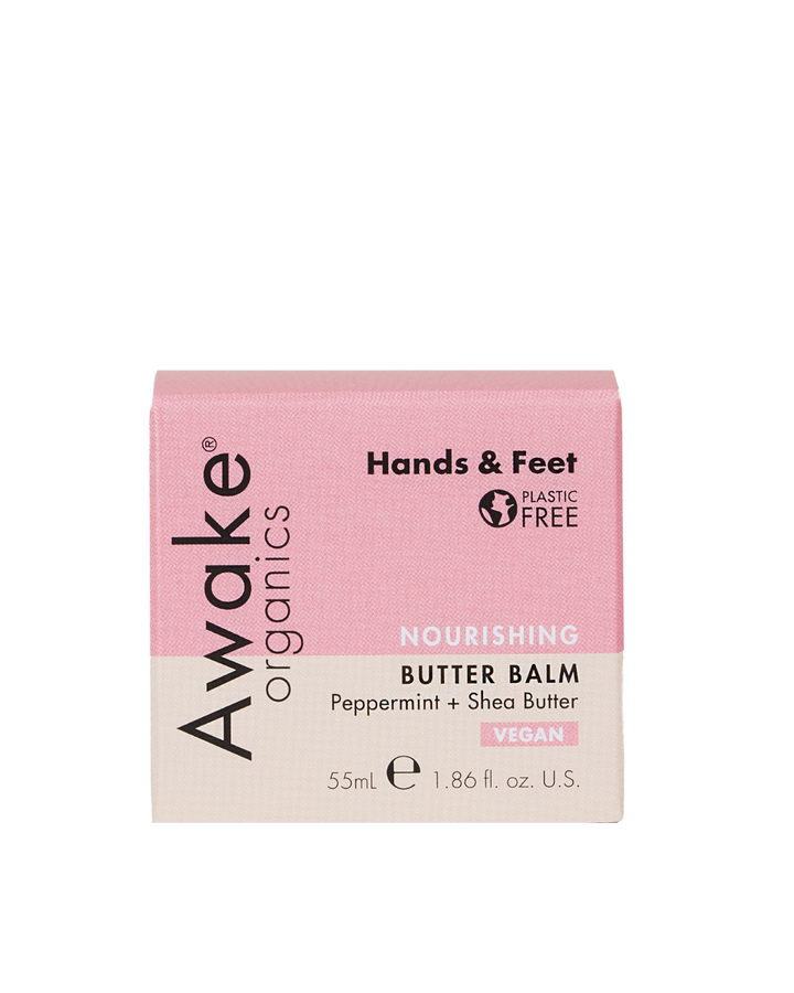 Awake Organics Hands Balm packaging, highlighting the natural peppermint and Shea Butter ingredients