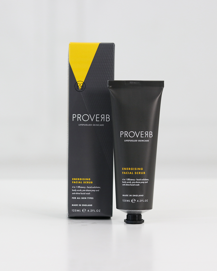 Proverb Energizing Facial Scrub with vibrant packaging, emphasizing its natural ingredients for effective exfoliation