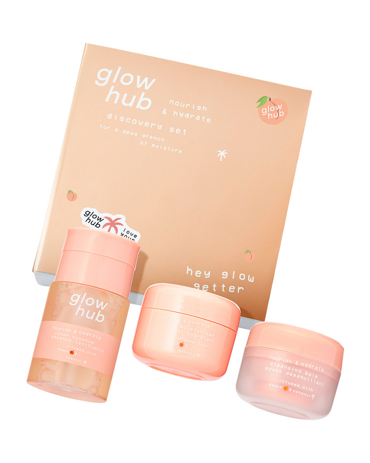 Collection of Glow Hub skincare products including the cleansing balm