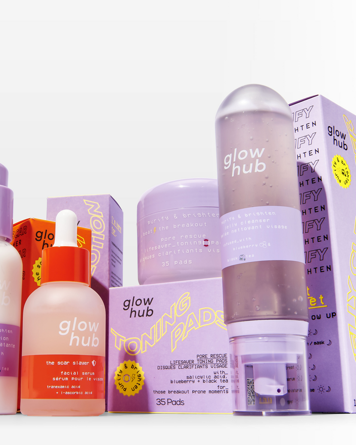 Collection of Glow Hub skincare products including the jelly face cleanser
