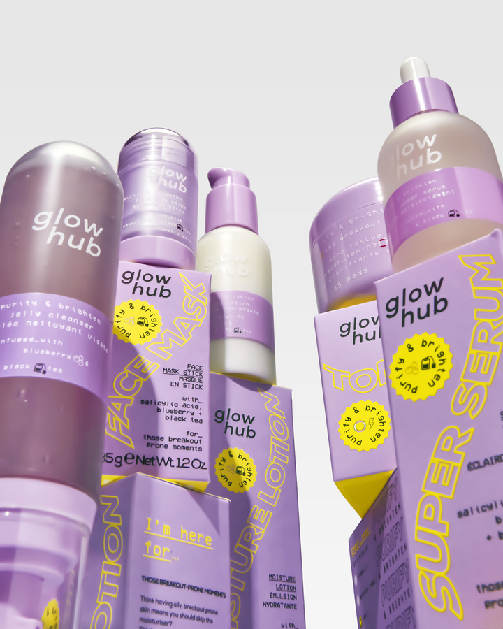 Group of Glow Hub skincare products including the face serum
